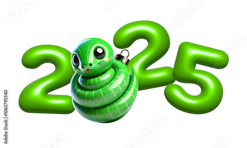 2025 New Year with Cute 3D green snake in the form of a Christmas ball. Symbol of the 2025 New year, zodiac sign. Isolated png on white background