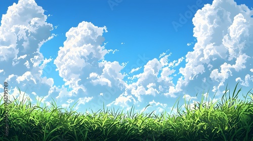Serene Panoramic View of a Lush Green Grass Field Under a Serene Blue Sky with Soft Wispy Clouds Reflecting the Beauty and Tranquility of the Natural World