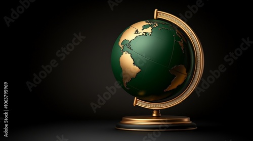 Green Globe on Black Background: A green globe with gold accents stands on a black background, evoking themes of global interconnectedness and exploration. photo