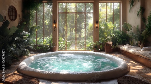 A luxurious indoor spa room with a circular hot tub at its center  surrounded by lush green plants and bathed in warm  natural sunlight streaming through large glass windows.