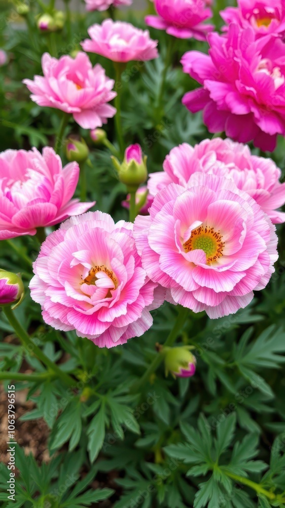Close-up of beautiful pink and white ranunculus flowers blooming in a garden, colorful, blossom Close-up of beautiful pink and white ranunculus flowers blooming in a garden, colorful, blossom