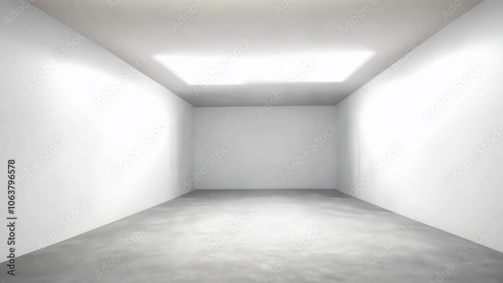 Zoom out empty white room with architectural lighting effects, Minimalist interior space with geometric perspective