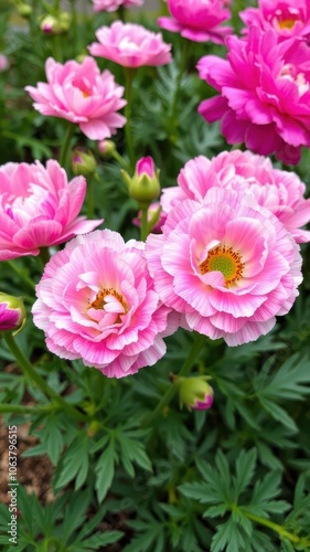 Close-up of beautiful pink and white ranunculus flowers blooming in a garden, colorful, blossom