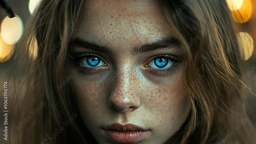 A young woman with blue eyes stares directly at the camera