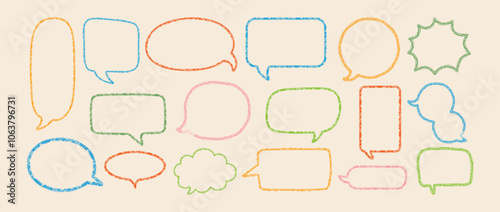 Pencil speech bubbles. Grunge chalk talk frame. Comic color dialog box in sketch style. Texture crayon communication speech bubble. Stickers for messages. Vector set