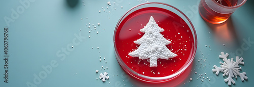 White mold in the form of a Christmas tree on the bottom of a Petri dish on a lab assistant's desk, top view. Banner with space for text