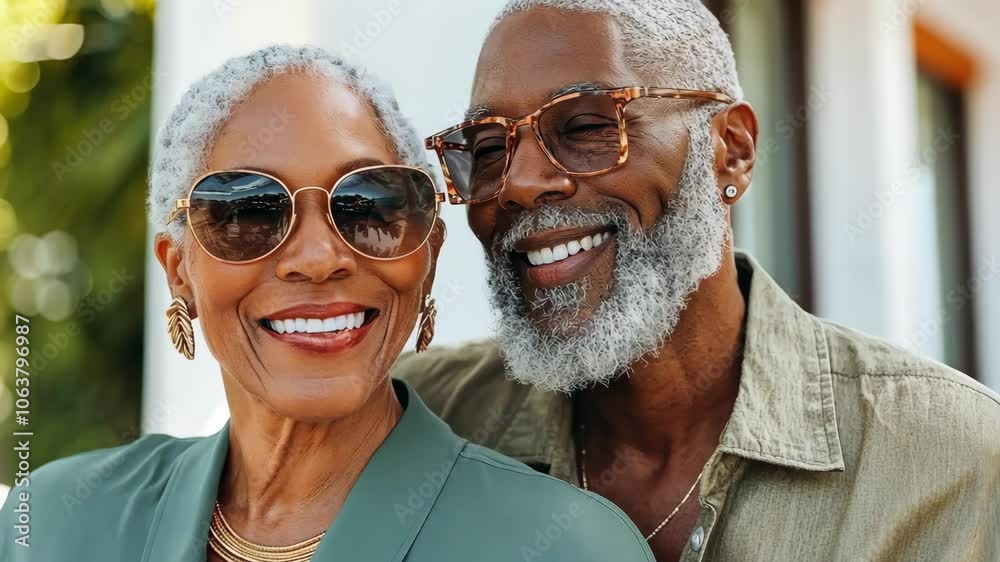 A smiling couple with grey hair and sunglasses stands outside on a sunny day A smiling couple with grey hair and sunglasses stands outside on a sunny day