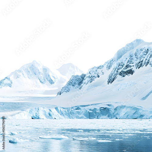 blue winter mountains scenery with glacier, beautiful dramatic antarctica landscape with cold ice scene, close up detail of geography of ice on antarctic peninsula highlighted by white, prof