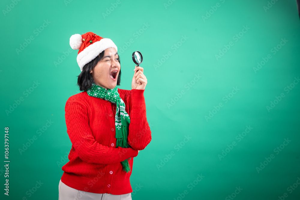 An Asian woman dressed in a Santa hat, red sweater, and green scarf, holding a magnifying glass and winking, set against a green background, showcasing a playful and curious holiday spirit An Asian woman dressed in a Santa hat, red sweater, and green scarf, holding a magnifying glass and winking, set against a green background, showcasing a playful and curious holiday spirit