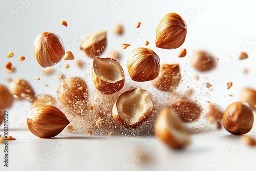 Hazelnuts in mid-air, cracked open with flying fragments.
 photo