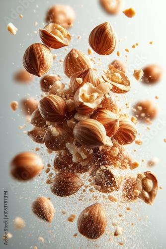 Hazelnuts in mid-air, cracked open with flying fragments.
 photo