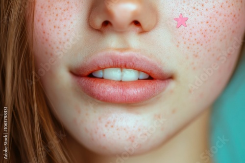 Close-up of a woman's freckled face with a pink star sticker photo