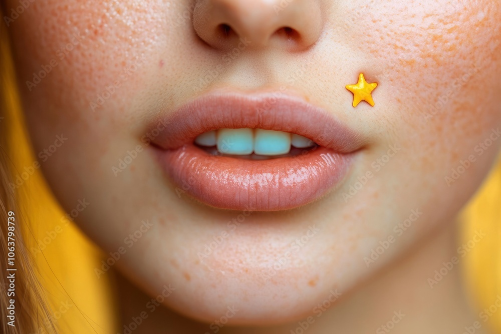 Obraz premium Close-up of a woman's face with a yellow star on her cheek