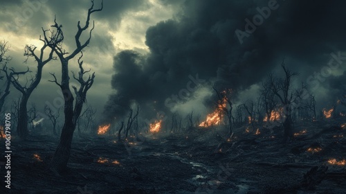 A dark and stormy sky hangs over a forest fire, with flames and smoke rising into the air. Dead trees stand against the backdrop of the fire, creating a scene of destruction.