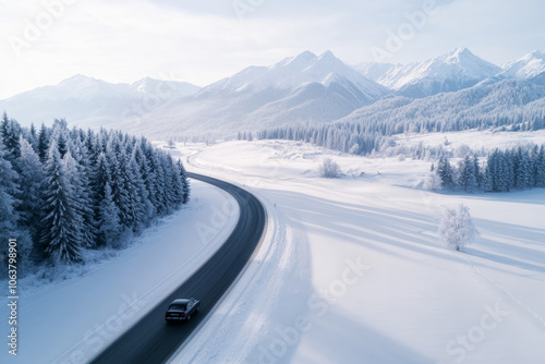 A car is driving down a snowy road with mountains in the background