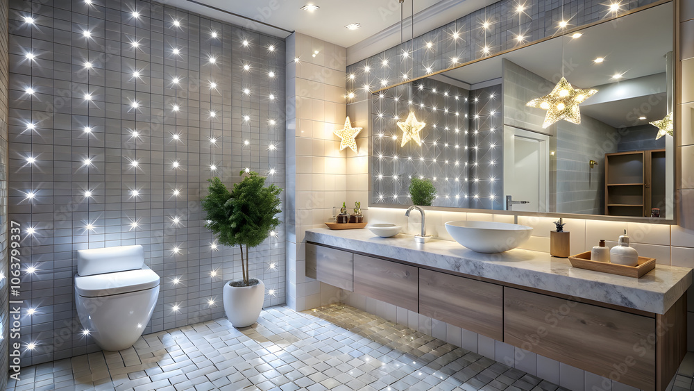 Starlit Bathroom with Star Lights and Silver Fixtures. Perfect for: Winter Holidays, Spa Resorts, Minimalist Homes Starlit Bathroom with Star Lights and Silver Fixtures. Perfect for: Winter Holidays, Spa Resorts, Minimalist Homes