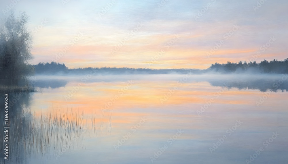 Serene lake view at dawn, with mist hovering above water and soft pastel colors lighting the sky. Serene lake view at dawn, with mist hovering above water and soft pastel colors lighting the sky.