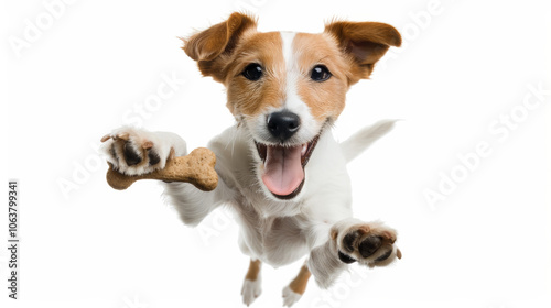 Front view of a dog catches a treat in the form of a bone. Pet jump for a cookie on a white background. photo