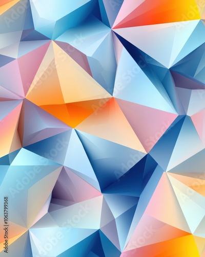 A vibrant low-poly seamless pattern with colorful geometric shapes forming triangular facets in shades of blue, orange, and pink, creating a modern photo