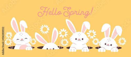Easter rabbits. Cute spring bunny in hole with flowers. Cartoon cute pet animals with ears and paws seeking. Holiday Easter hunter, catch white bunnies. Vector banner