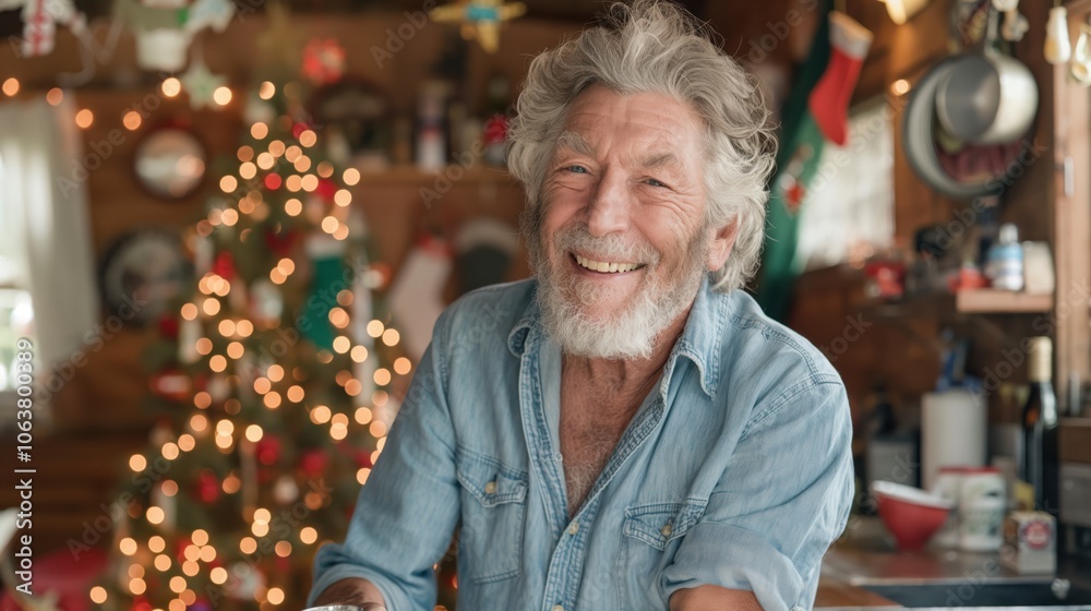Smiling elderly man in a cozy home with Christmas tree and holiday decorations in the background. Festive holiday spirit and warmth concept. Smiling elderly man in a cozy home with Christmas tree and holiday decorations in the background. Festive holiday spirit and warmth concept.