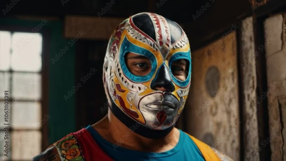 An adult Mexican wrestler takes a defensive stance inside the ring, wearing a mask and brightly colored costume