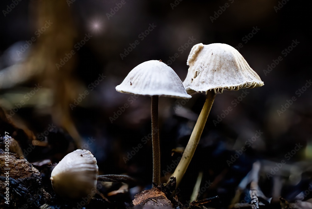 Macro shot of small mushrooms sprouting in the forest in autumn