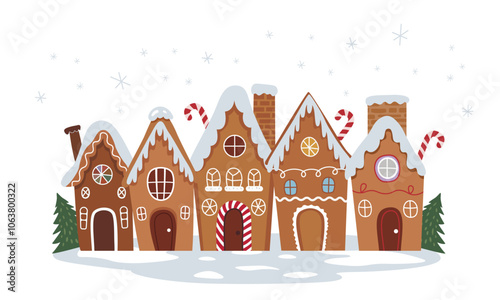 Gingerbread houses. Isolated christmas cookies with glaze. Sweet winter holidays traditional dessert