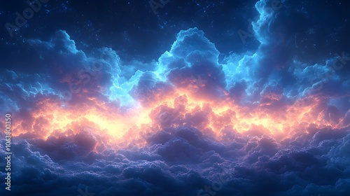 A mesmerizing celestial scene where clouds appear to be ignited with a radiant, fiery glow against a deep, star-speckled sky.