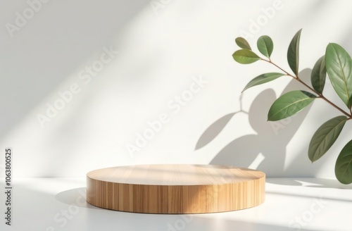 Wooden Platform and Botanical Shadows for Natural Product Display and Photography photo