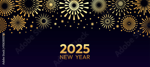 Festive gold fireworks. Happy New Year 2025 banner with holiday fireworks and sparklers. Celebration golden glitter, firecracker explosion for card, posters. Vector banner