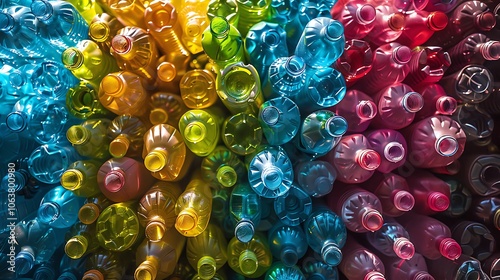 A vibrant, eco-friendly image of colorful recycled plastic bottles stacked in a recycling facility, representing sustainability and the circular economy. photo