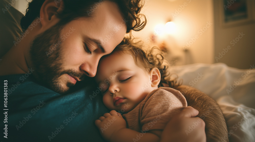 Father lovingly cradles sleeping toddler against his chest in a cozy bedroom setting during the evening hours Father lovingly cradles sleeping toddler against his chest in a cozy bedroom setting during the evening hours