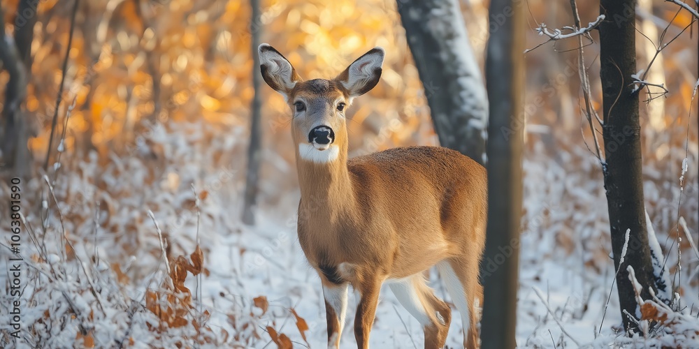 A deer stands gracefully amidst a snowy forest, with golden fall leaves visible in this tranquil scene. A deer stands gracefully amidst a snowy forest, with golden fall leaves visible in this tranquil scene.