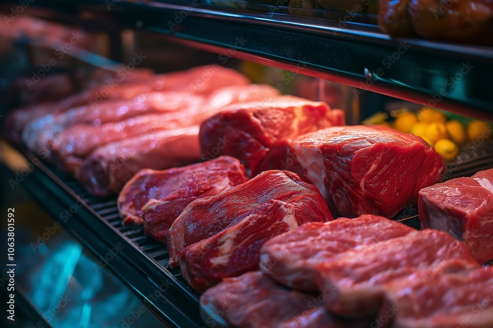 Display of fresh raw meat cuts in a market setting with vibrant colors, ready for purchase. Display of fresh raw meat cuts in a market setting with vibrant colors, ready for purchase.
