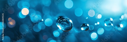 Macro shot of shimmering water droplets set against a mesmerizing blue bokeh, capturing elegance and purity.