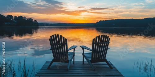 Wooden chairs sit quietly at a dock, overlooking a tranquil lake kissed by the orange glow of sunset.