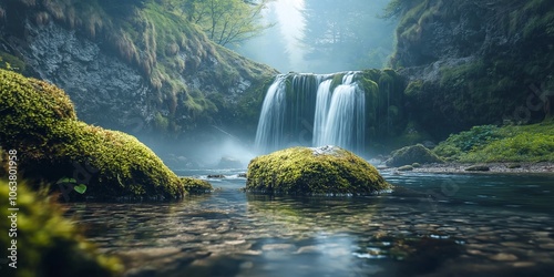 A serene waterfall flows through a moss-covered forest, captured in bright natural light, symbolizing tranquility and renewal.