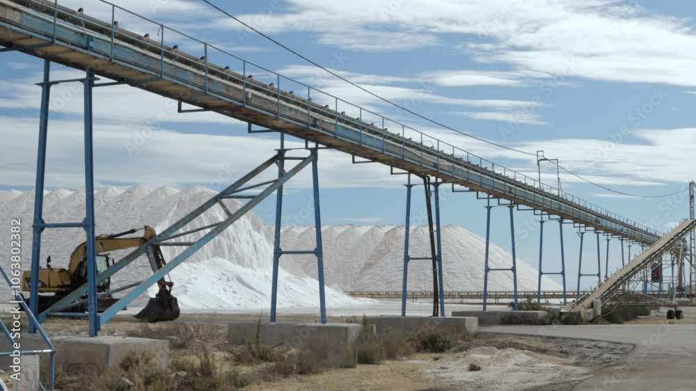 Excavator Loading Salt Onto Long Conveyor Belt in Salt Mine. Mountains of White Salt Piled up in Background Under Blue Sky Excavator Loading Salt Onto Long Conveyor Belt in Salt Mine. Mountains of White Salt Piled up in Background Under Blue Sky