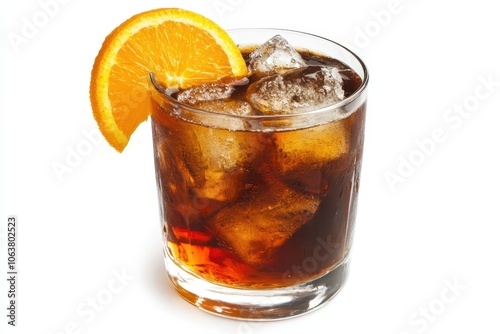 Close-up of dark amber iced drink in glass with large ice cube and orange slice photo