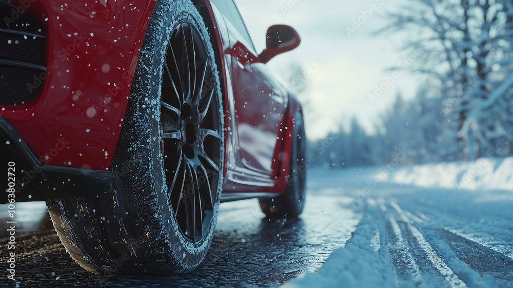 Fototapeta premium スタッドレスタイヤで雪道を走る車