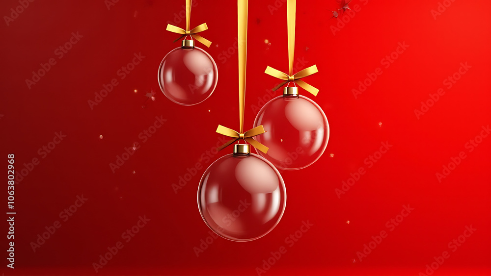 Glass baubles hang from a gold ribbon set against a vibrant red background in this detailed 3D Christmas decoration vector illustration Glass baubles hang from a gold ribbon set against a vibrant red background in this detailed 3D Christmas decoration vector illustration