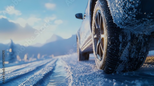 スタッドレスタイヤで雪道を走る車 photo