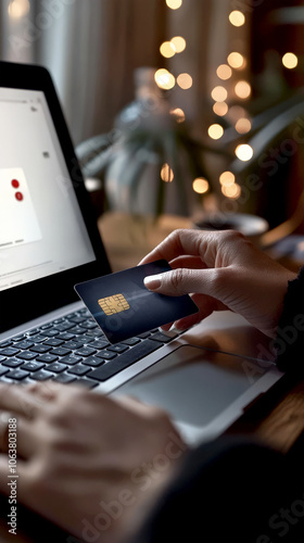 Person making online payment with credit card.Hand holding a credit card in front of a laptop for an online payment in a cozy setting.