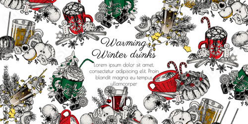 Vector frame of winter hot drinks. Spiced pumpkin-orange latte, hot chocolate, marshmallow cocoa, mulled wine, spiced tea latte, hot apple cider with gingerbread