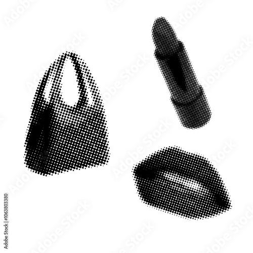 Lipstick,woman lips and bag in halftone effect,collage elements