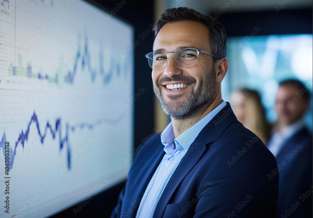 Businessman standing in a well lit office background with coworkers in the background, all infront of a chart depicting upwards growth and increase for a business or marketing concept Businessman standing in a well lit office background with coworkers in the background, all infront of a chart depicting upwards growth and increase for a business or marketing concept