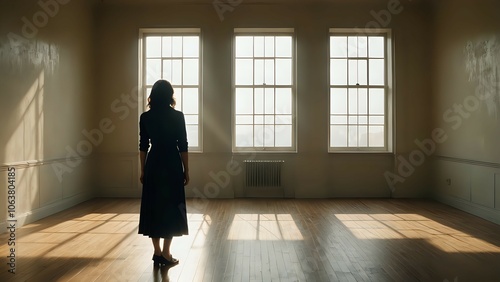 A woman in a dark dress stands in a room with large windows, her back to the camera. The sunlight streams through the windows, casting long shadows on the wooden floor.