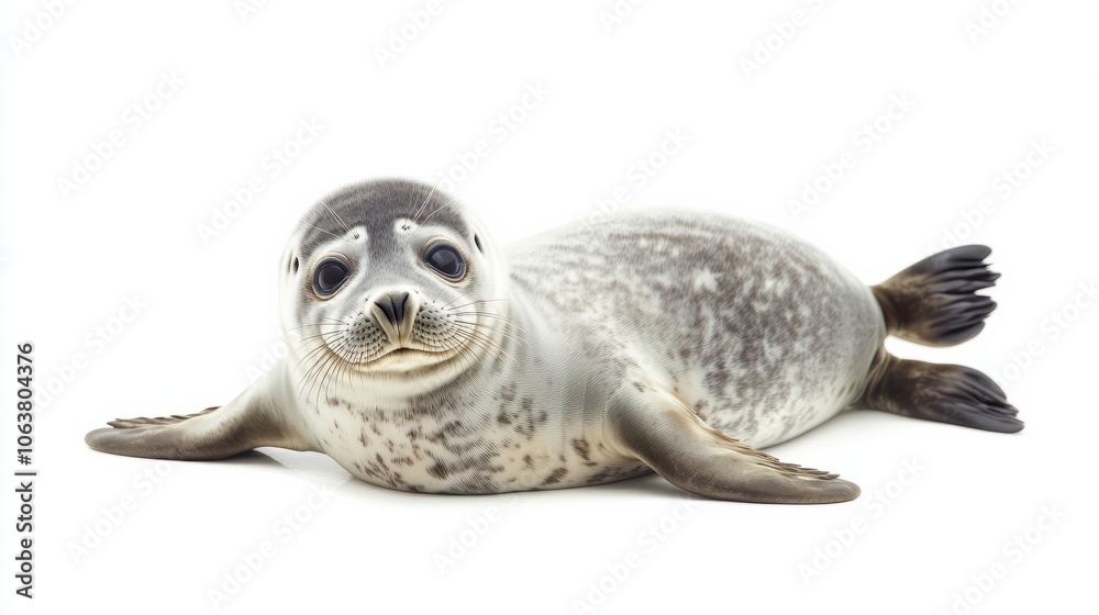 Naklejka premium A playful baby seal lying on its belly with flippers raised on a white background