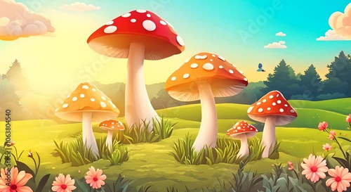 Wallpaper Mural mushrooms in the grass, animated scene Torontodigital.ca